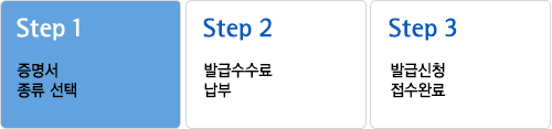 Step1 증명서 종류선택 > Step2 필요서류제출 > Step3 발급수수료 납부 > Step4 발급신청접수완료 : 증명서 종류선택 페이지 입니다.